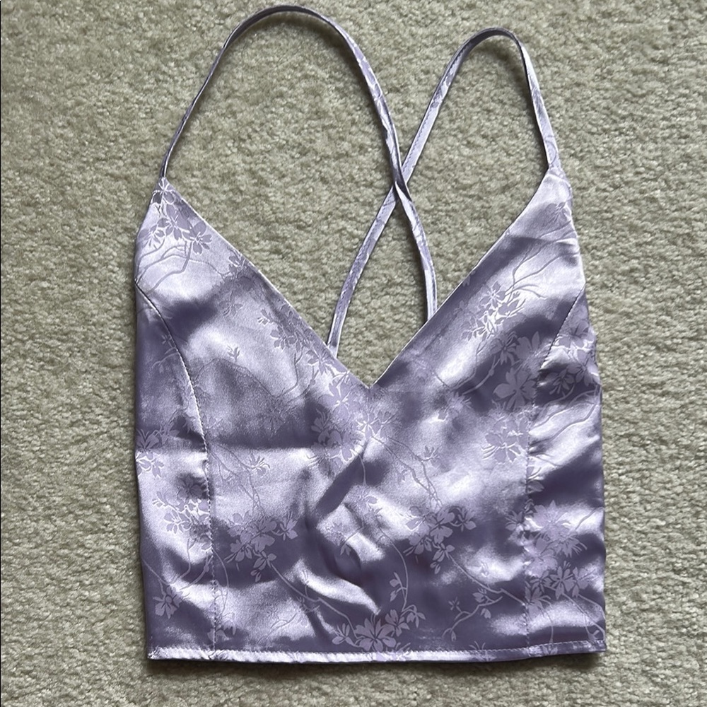 ROMWE Lilac Satin Floral Crop Top